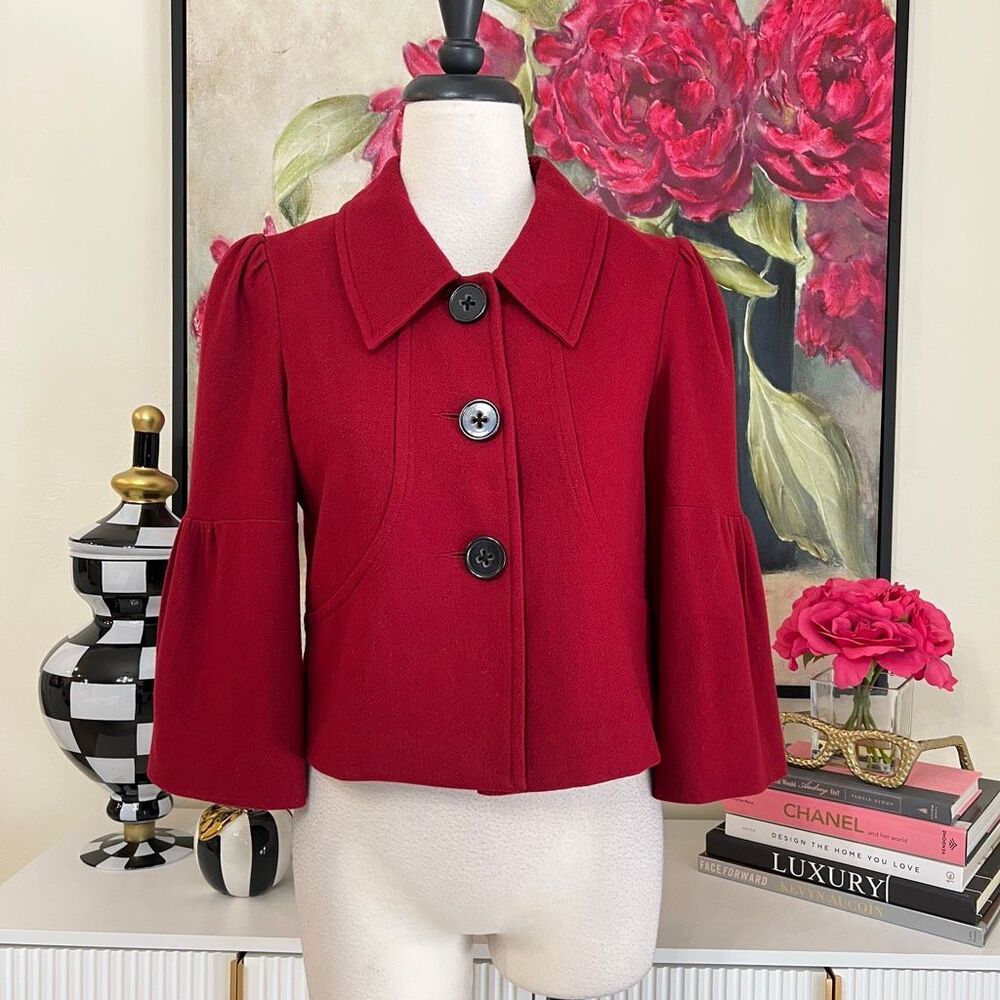 Willi Smith Women's Wool Blend Cropped 3/4 Bell Sleeve Blazer Jacket Red Size 4